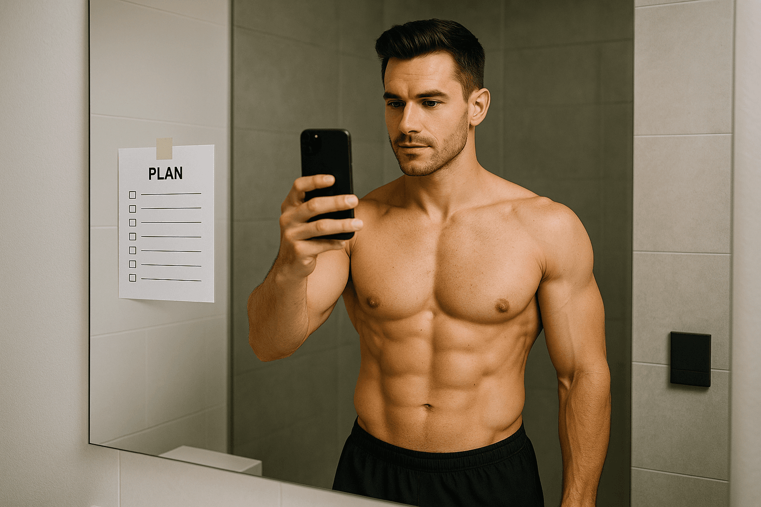 Man tracking physical transformation in mirror with phone and plan