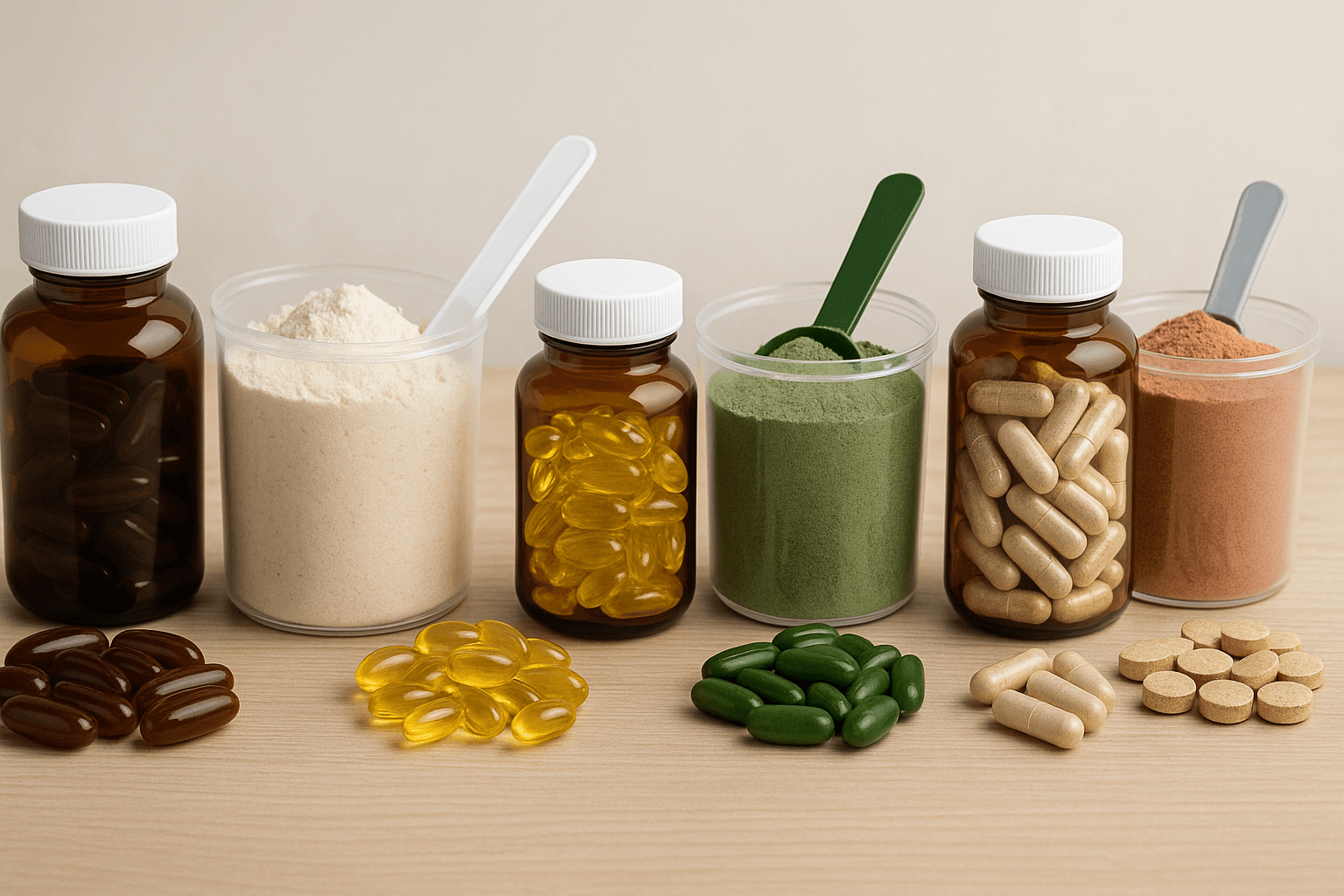 Array of dietary supplements and powders