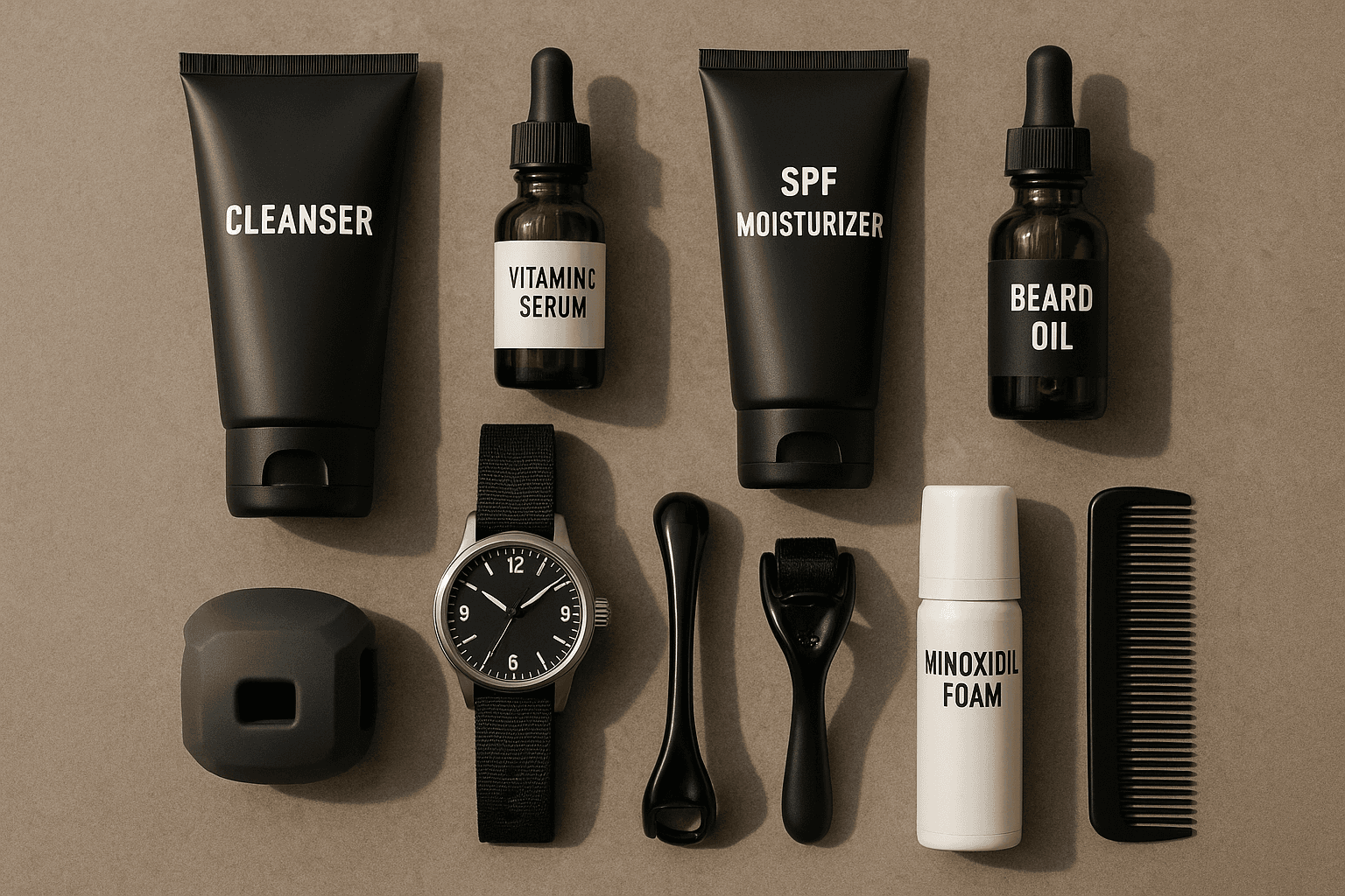 Flatlay of skincare, grooming, and haircare products
