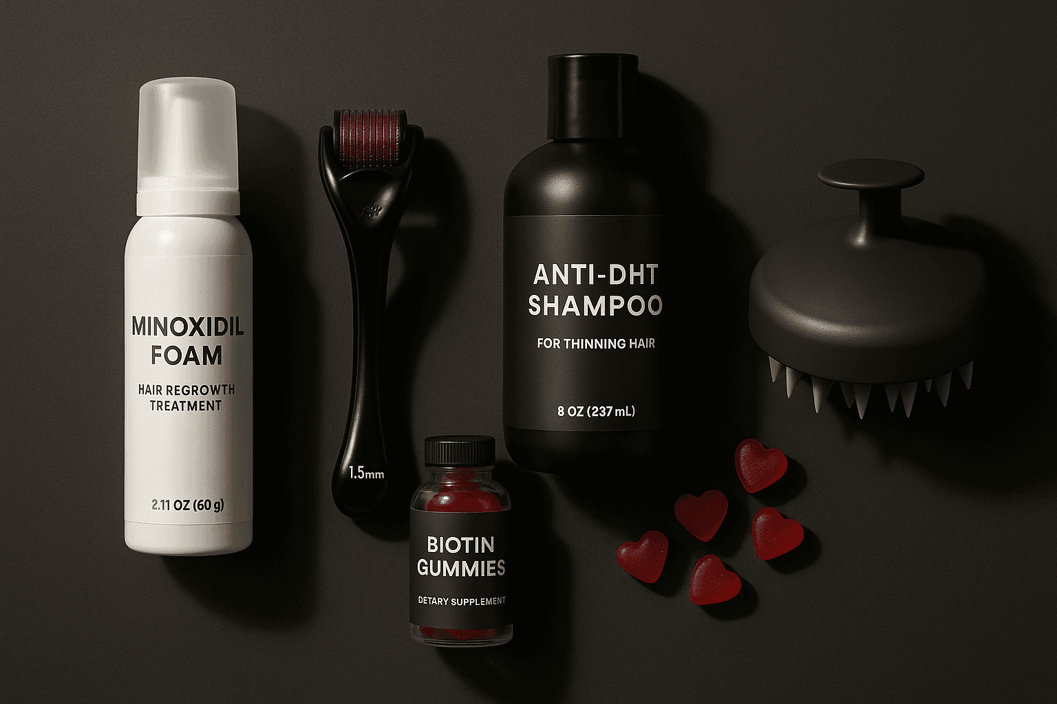 Flatlay of hair regrowth tools and topicals
