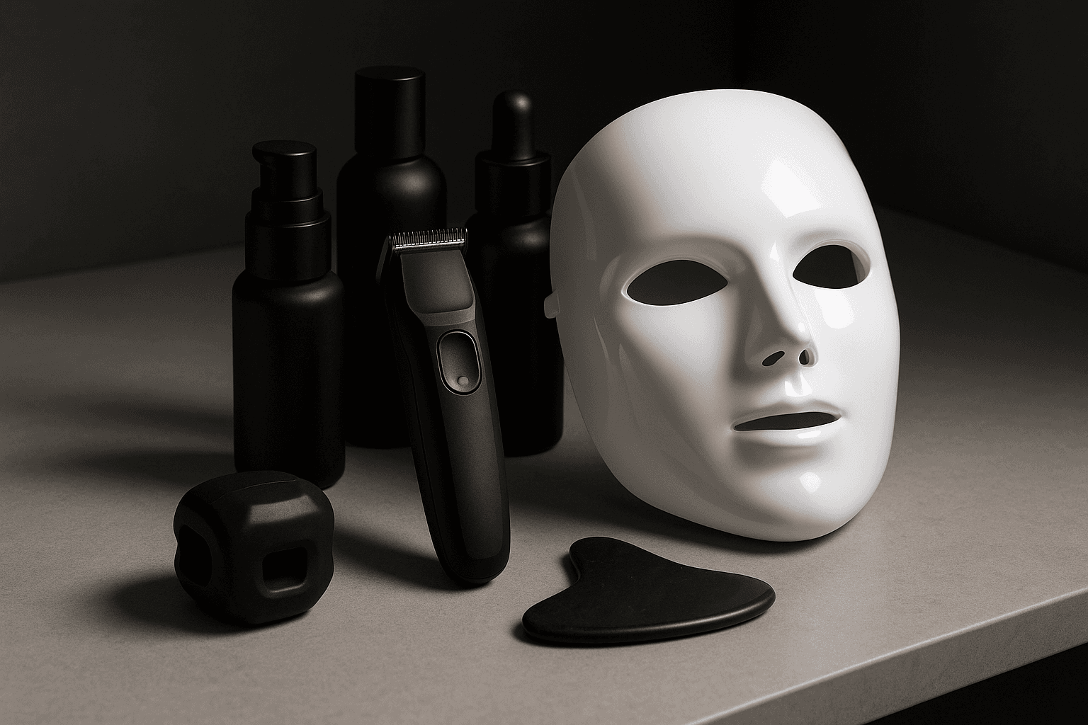 Men’s self-care tools on bathroom counter
